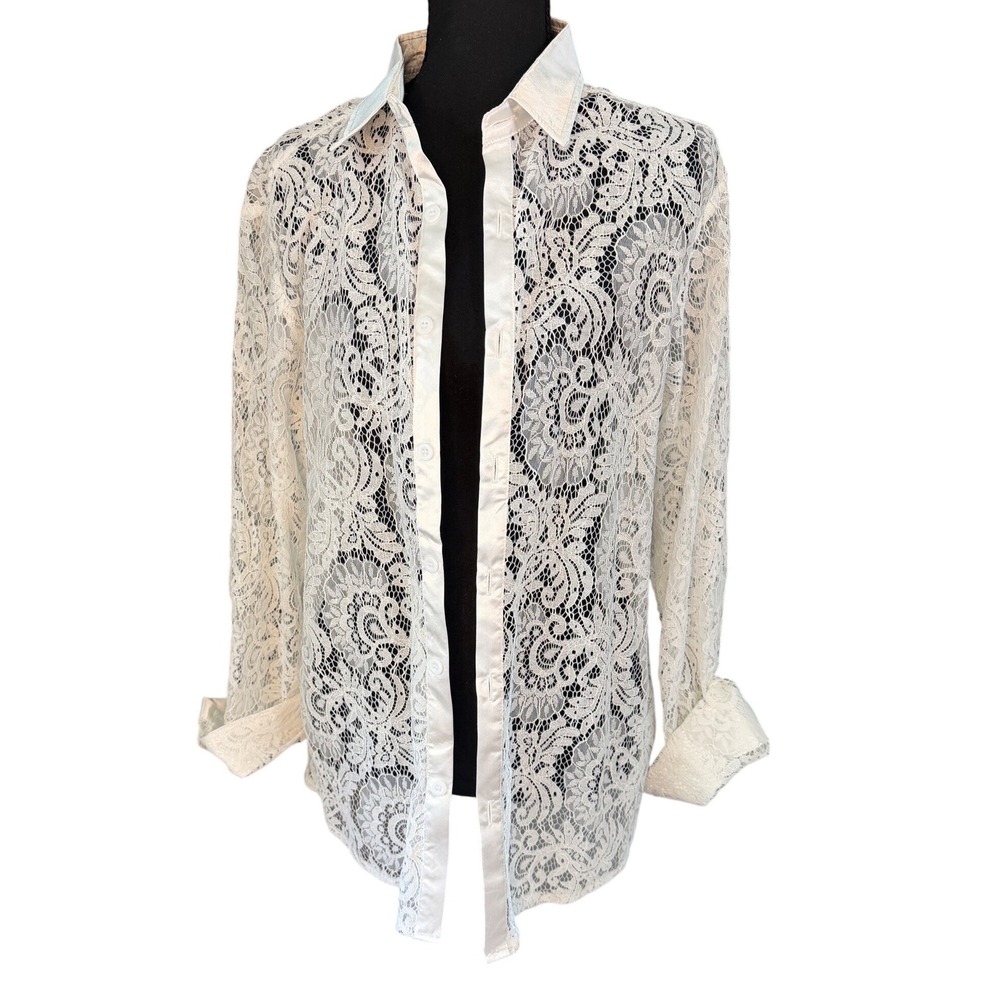 JOGAL White Lace Button Front Shirt Women M Sheer Lace Blouse Boho Cottagecore